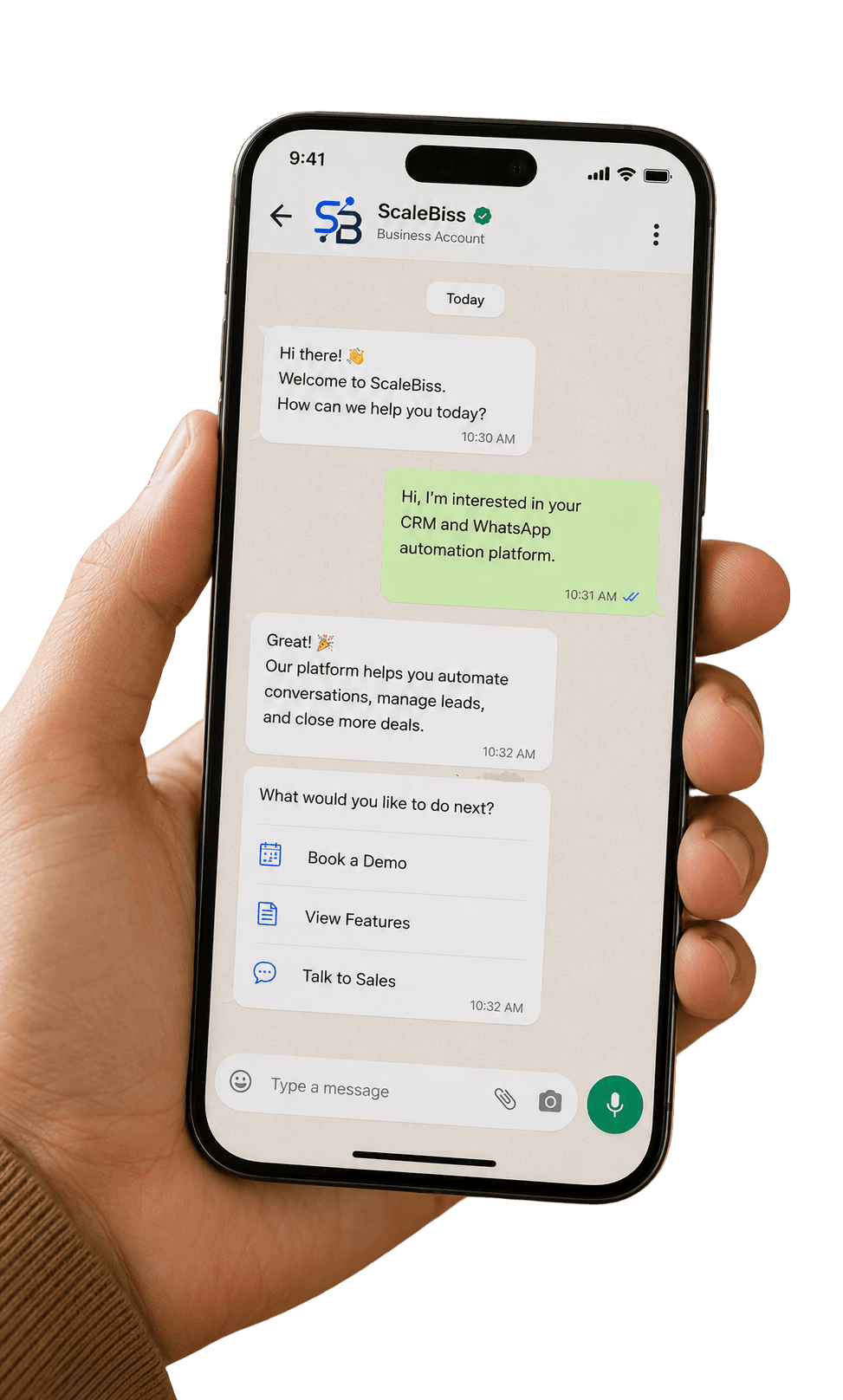 ScaleBiss WhatsApp automation on mobile